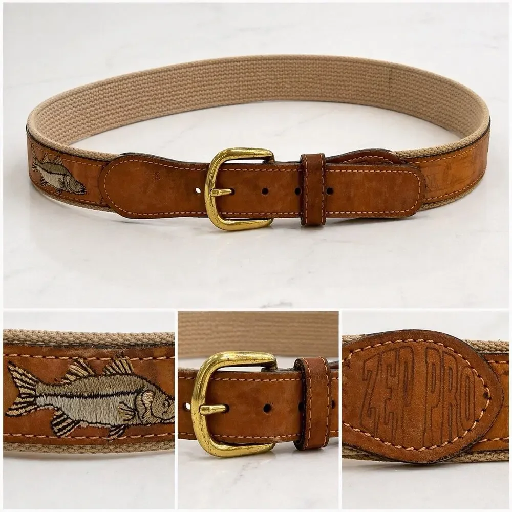 Vintage Zep-Pro Size 36 Fish Embroidered Canvas Leather Belt Brass Buckle Preppy